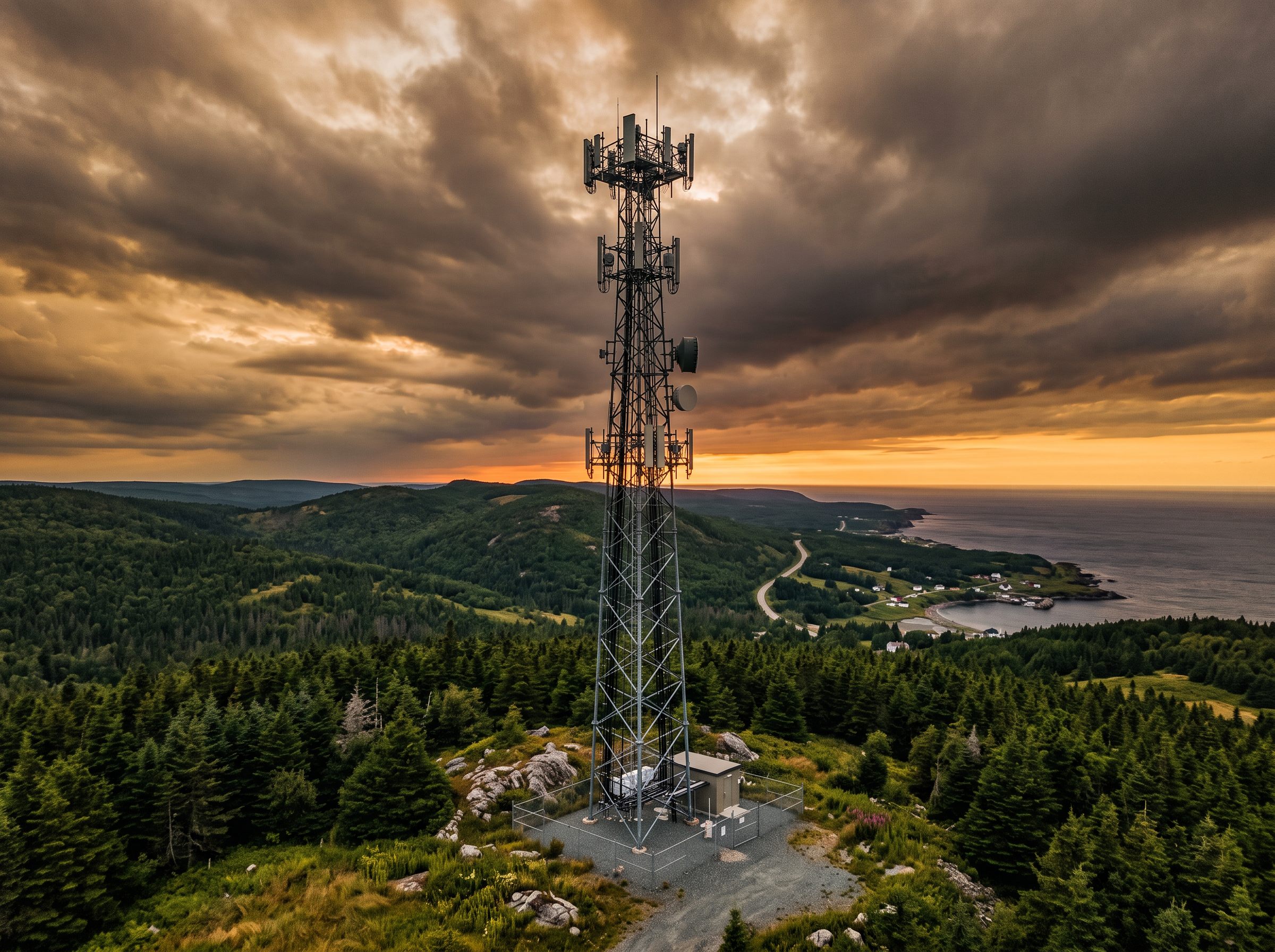 Cellular signal tower providing mobile connectivity across the Atlantic Canadian landscape