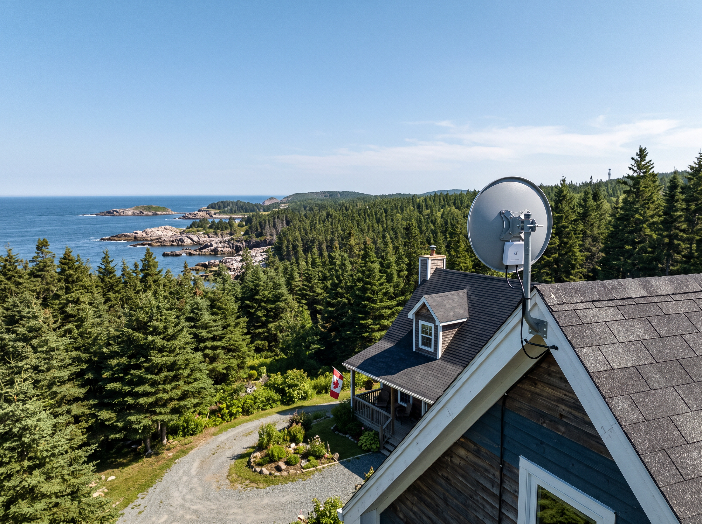 Fixed wireless antenna mounted on a rural Atlantic Canadian home delivering high-speed internet