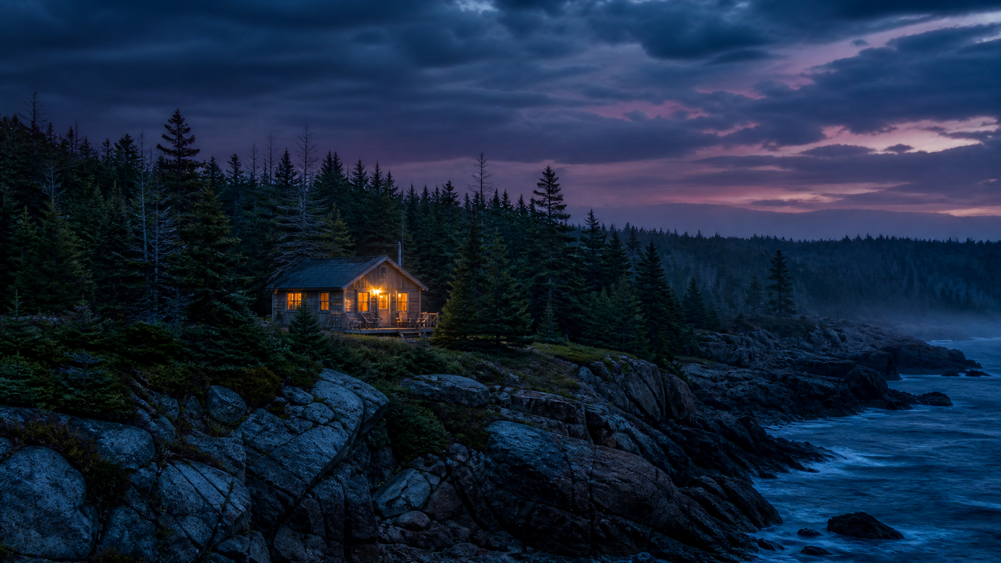 A cozy cabin with warm glowing windows in the remote Atlantic Canadian wilderness at dusk