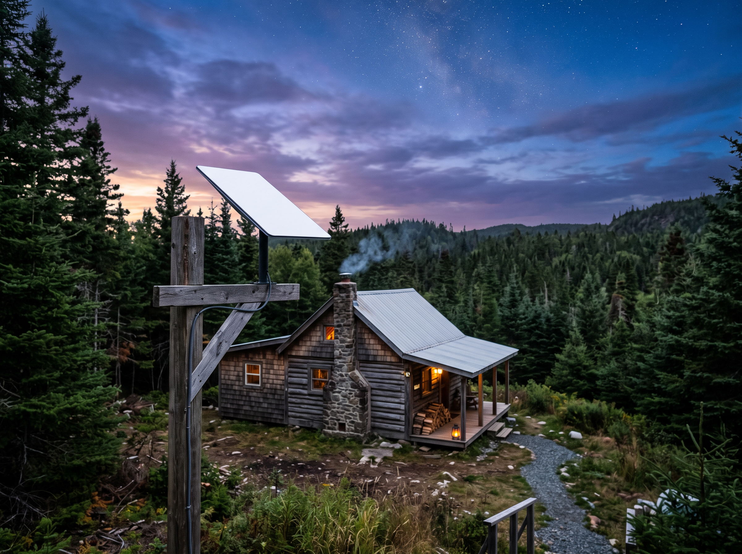 Low-earth-orbit satellite dish at a remote off-grid site under the Atlantic Canadian night sky