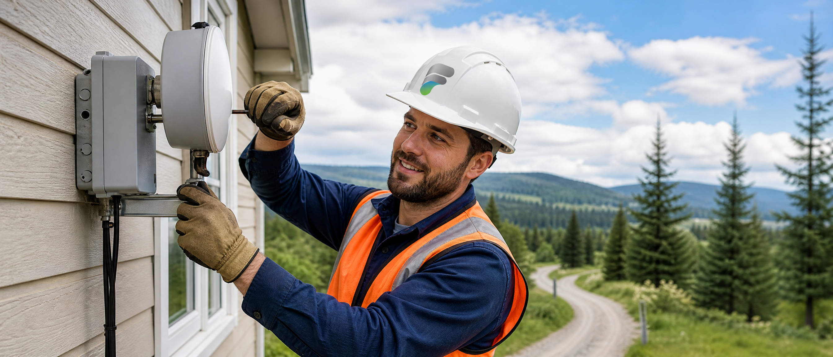 A Fundy Wireless technician installing connectivity equipment in Atlantic Canada